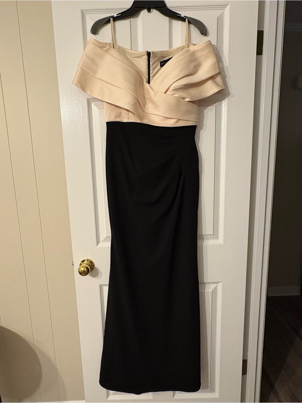 Betsy & Adam Two-Tone Off-Shoulder Maxi Dress in Cream and Black